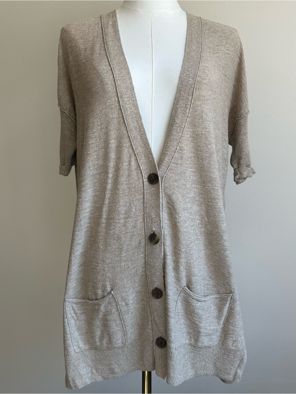 Eddie Bauer Light Heather Taupe Knit Short Sleeve 100% Cotton Cardigan | SIZE L